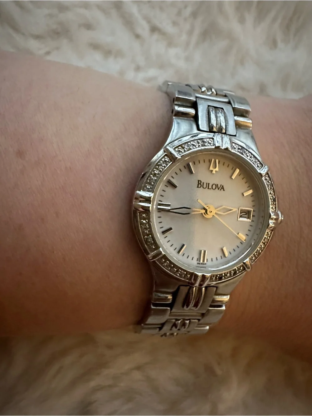 Bulova Silver Bracelet Watch with White Dial and Crystal Accents